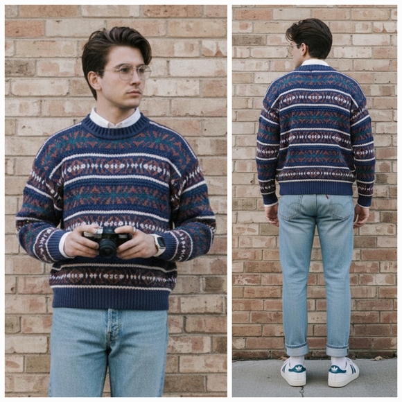 Honors M Vintage 90s Coogi Style Eclectic Grandpa Dadcore Chunky Knit Sweater - Picture 2 of 13